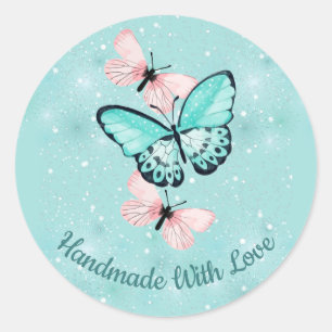 Pegatina Redonda "Hecho a mano con amor" con mariposas