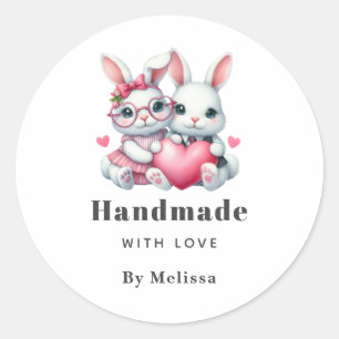 Pegatina Redonda Hecho a mano con Amor Conejitos Lindos Compartiend