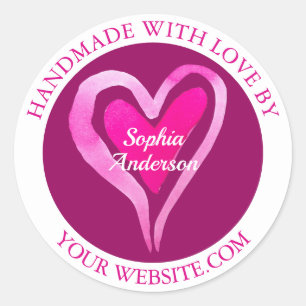 Pegatina Redonda Hecho a mano con amor, corazón y nombre, fucsia y 