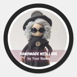 Pegatina Redonda Hecho a mano con amor Crochet lady negro