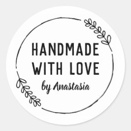 Pegatina Redonda Hecho a mano con amor Doodle Wreath personalizado