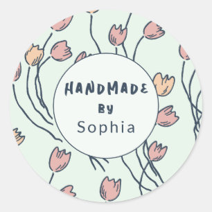 Pegatina Redonda Hecho a Mano con Amor Floral Desordenado Cottage