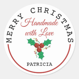 Pegatina Redonda Hecho a mano con amor Holly Feliz Navidad