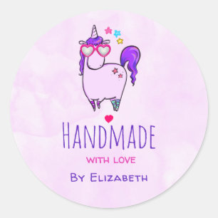 Pegatina Redonda Hecho a mano con amor lindo unicornio en lentes de