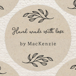 Pegatina Redonda Hecho a Mano con Amor Papel Marrón Hoja Botánica