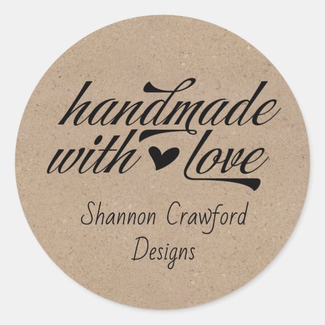 Pegatina Redonda Hecho a mano con amor Personalizado Kraft Look (Anverso)
