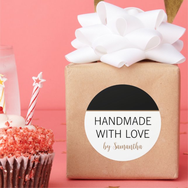 Pegatina Redonda Hecho a Mano con Amor por Nombre Black Gold (Fiesta)