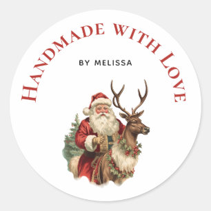 Pegatina Redonda Hecho a mano con amor Retro Santa Claus y renos