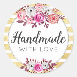 Pegatina Redonda Hecho a Mano con Amor Rosa Floral & Glam Estriado 