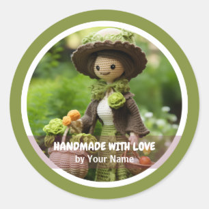 Pegatina Redonda Hecho a mano con amor Señora jardín de ganchillo
