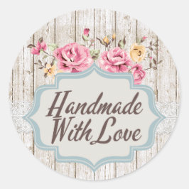 Pegatina Redonda Hecho a Mano Con Amor Shabby Chic Floral Rústico M