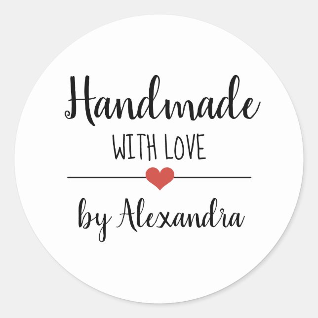 Pegatina Redonda Hecho a mano con amor simple guión personalizado (Anverso)