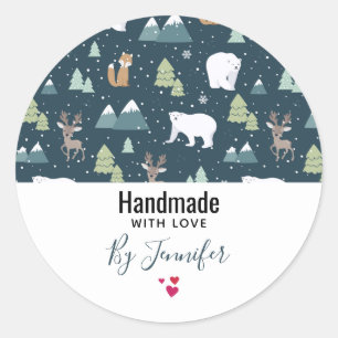 Pegatina Redonda Hecho a mano con animales de Navidades cariñosos