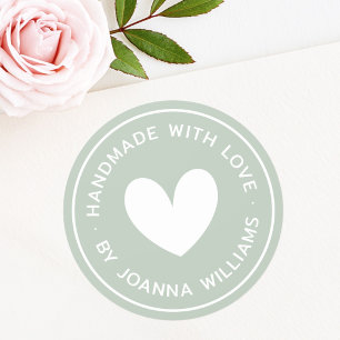 Pegatina Redonda Hecho a mano con corazón de nombre verde polvorien