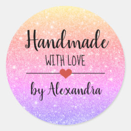 Pegatina Redonda Hecho a mano con el guión de purpurina de arcoiris