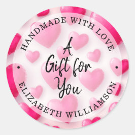 Pegatina Redonda Hecho a mano con los corazones rosa amorosos