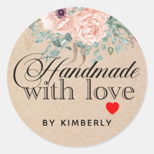 Pegatina Redonda Hecho a mano con Love Floral