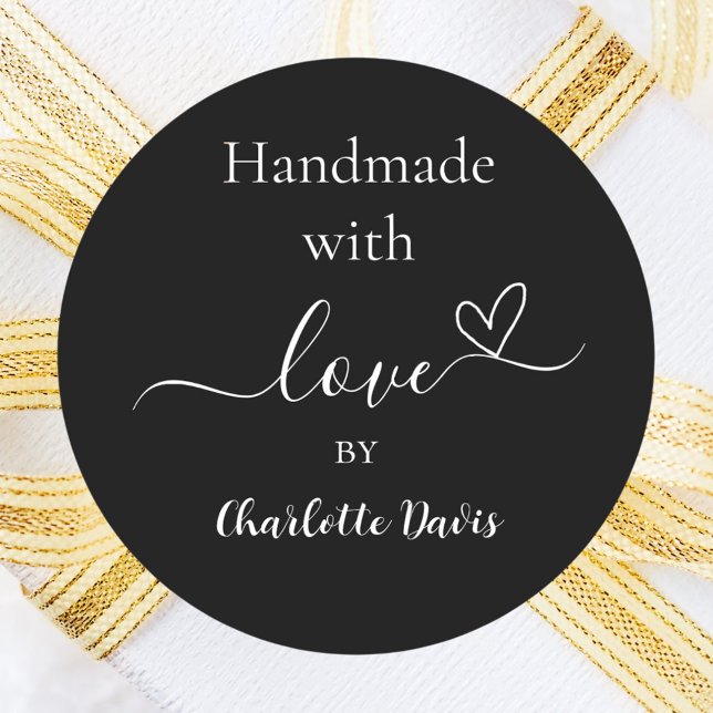 Pegatina Redonda Hecho a mano con un nombre blanco negro amoroso (Subido por el creador)