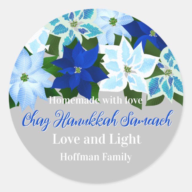 Pegatina Redonda Hecho con amor - Blue Poinsettias Hanukkah (Anverso)