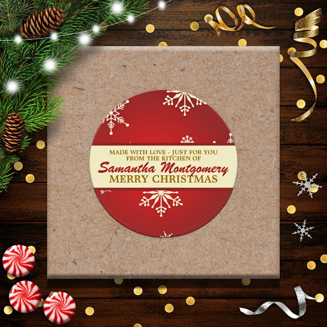 Pegatina Redonda Hecho con Amor Copo de nieve (rojo) (Subido por el creador)