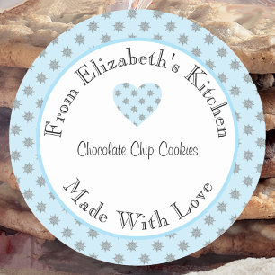 Pegatina Redonda Hecho con Amor Copos de Nieve Azules Regalo Casero