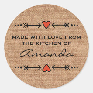 Pegatina Redonda Hecho con amor Corazones Flores Kitchen Burlap