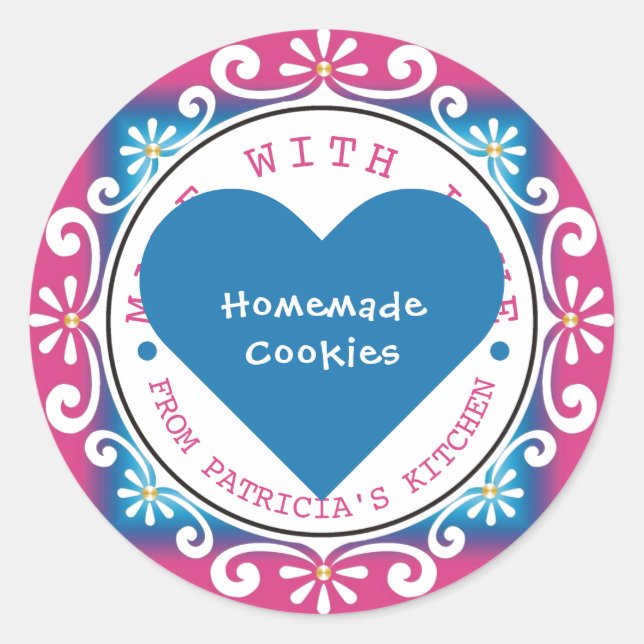 Pegatina Redonda Hecho Con Amor Desde La Cocina De Azul Rosa (Anverso)