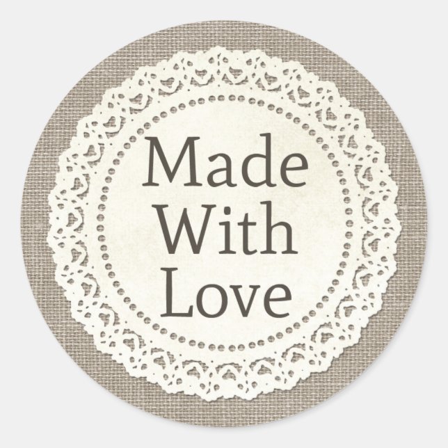 Pegatina Redonda Hecho con amor encaje rústico campestre sobre arpi (Anverso)