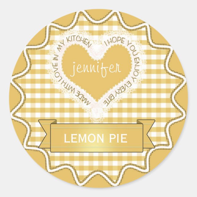 Pegatina Redonda Hecho con amor Gingham Amarillo (Anverso)