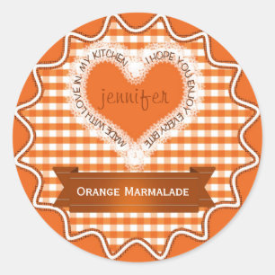 Pegatina Redonda Hecho con amor Gingham Naranja