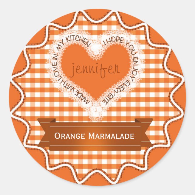 Pegatina Redonda Hecho con amor Gingham Naranja (Anverso)