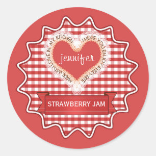 Pegatina Redonda Hecho con amor Gingham Red