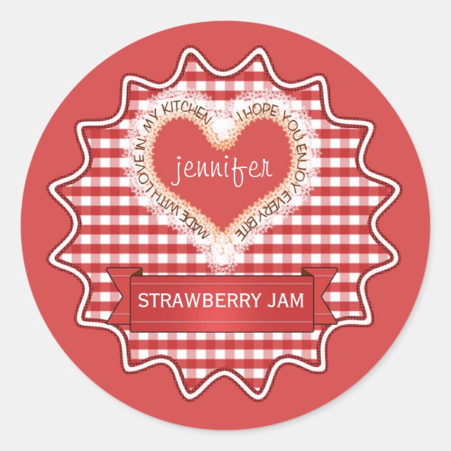Pegatina Redonda Hecho con amor Gingham Red (Anverso)