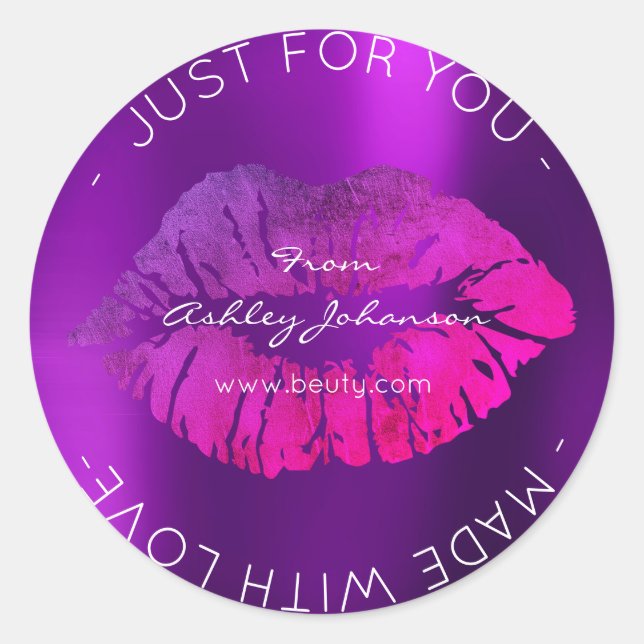 Pegatina Redonda Hecho con amor Labios de maquillaje rosa brillante (Anverso)