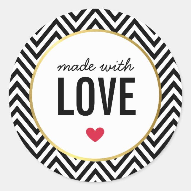 Pegatina Redonda HECHO CON AMOR lindo embalaje chevron blanco negro (Anverso)