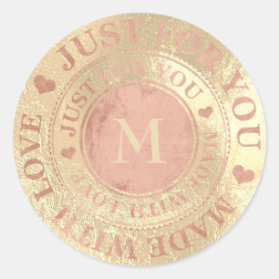 Pegatina Redonda Hecho con amor Monograma Rosa Metálico de oro
