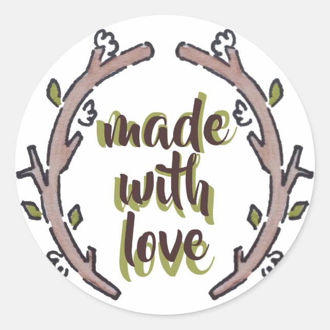 Pegatina Redonda Hecho con amor Naturaleza Rústica Artística Botáni (Anverso)