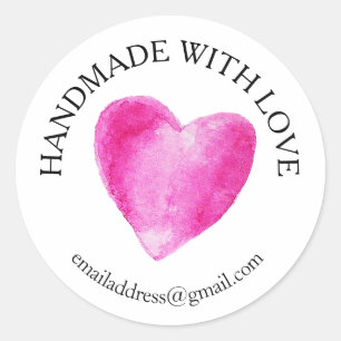 Pegatina Redonda Hecho con amor nombre de la empresa corazón rosa