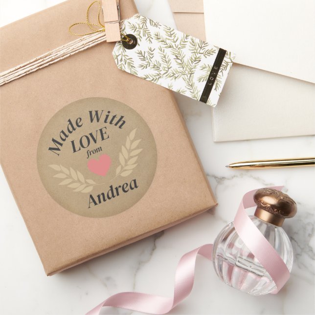 Pegatina Redonda Hecho con Amor Nombre personalizado (Regalar)