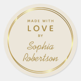 Pegatina Redonda Hecho con amor Oro personalizado y crema