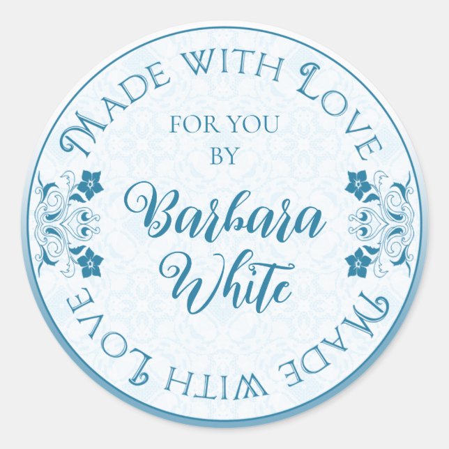 Pegatina Redonda Hecho con amor para ti azul turquesa floral (Anverso)