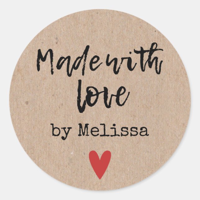 Pegatina Redonda Hecho con amor Personalizado Kraft (Anverso)