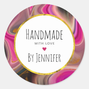 Pegatina Redonda Hecho con amor rosa, negro, resumen de oro