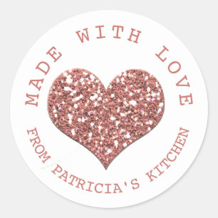 Pegatina Redonda Hecho con amor Rosa Oro Purpurina Corazón hecho en