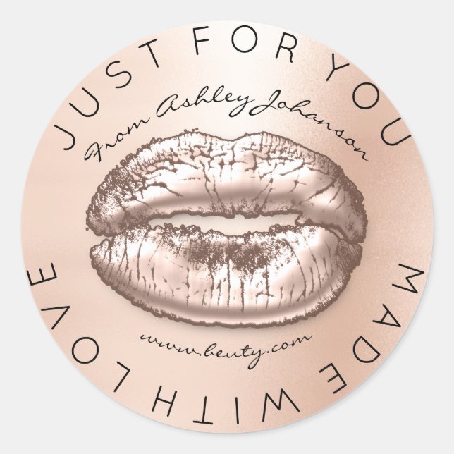 Pegatina Redonda Hecho con amor Rubor Kiss Rosas Litros de maquilla (Anverso)