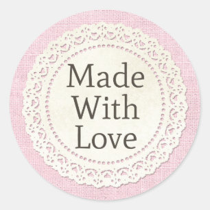 Pegatina Redonda Hecho con amor Rústico País encaje Doily en Burlap