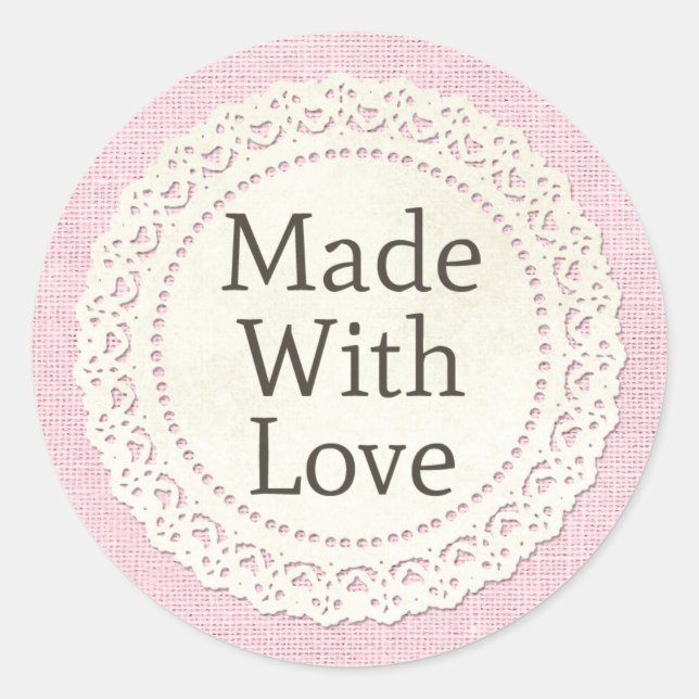 Pegatina Redonda Hecho con amor Rústico País encaje Doily en Burlap (Anverso)
