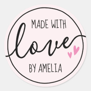 Pegatina Redonda Hecho con corazones de amor nombre personalizado r