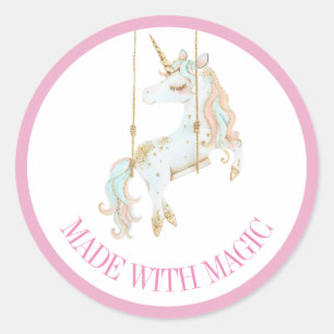 Pegatina Redonda Hecho con Magia Unicornio Rosa y Dorado