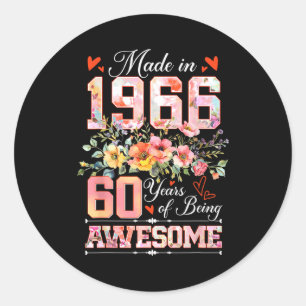 Pegatina Redonda Hecho en 1966 floral 60 cumpleaños mujeres 60 años